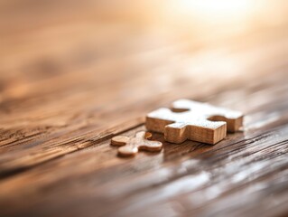 Close-up of wooden puzzle pieces on a rustic table, symbolizing connection and problem-solving in a warm, inviting atmosphere.
