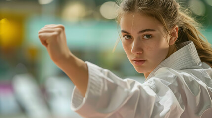 Young sportswoman performing hand punches during martial arts training at a health club.