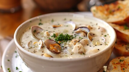 Creamy New England clam chowder, no shadows The chowder takes center stage, with no text, logo, signature, human body, people, or plants, 