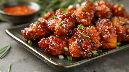 Fototapeta premium Crispy Korean fried chicken with gochujang glaze, no shadows The chicken is the highlight, with no text, logo, signature, human body, people, or plants, 