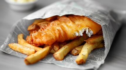 Crispy fish and chips wrapped in newspaper, no shadows The fish and chips are the highlight, with no text, logo, signature, human body, people, or plants, 