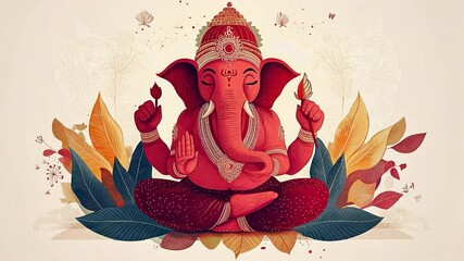illustration of Lord Ganesha, depicted in a meditative pose with intricate patterns and bright colors. 