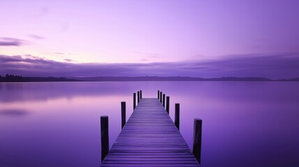 Fototapeta premium Straight wooden pier over a lake, purple sky background
