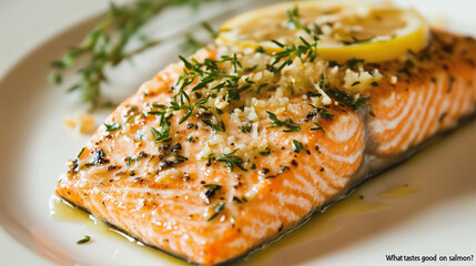 A juicy piece of salmon cooked with lemon, fresh herbs, and garlic. The perfect combination of ingredients enhances the fish's flavor and adds freshness