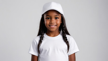 Little black girl wearing white t-shirt and white baseball cap isolated on grey background