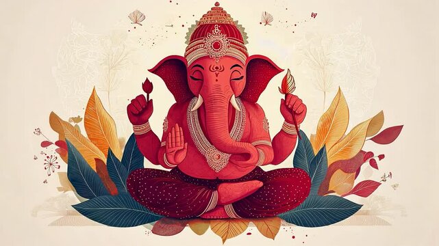 illustration of Lord Ganesha, depicted in a meditative pose with intricate patterns and bright colors. 
