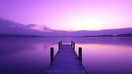 Obraz premium Straight wooden pier over a lake, purple sky background