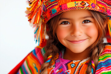 Fototapeta premium portrait of a girl with a fan, Peruvian girl celebrating the international day of peace and indigenous peoples