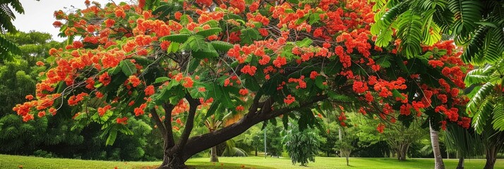 Delonix regia, commonly referred to as Royal Poinciana or Flame Tree, is known for its vibrant flowers and striking appearance.