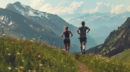 Young sporty couple running in the mountains.