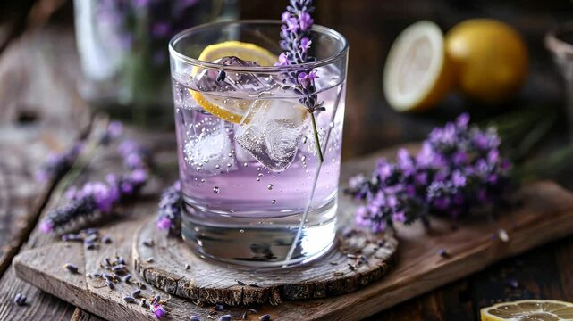 Lavender-infused drink with ice and lemon slices, garnished with lavender flowers on a rustic wooden surface. Refreshing summer beverage concept.


