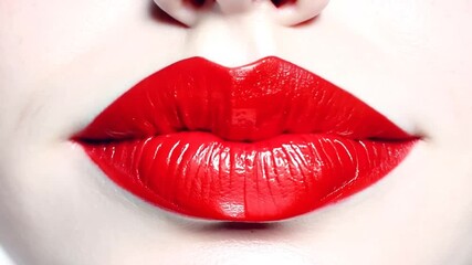Glossy red lips in a kiss shape captured in a striking close-up shot