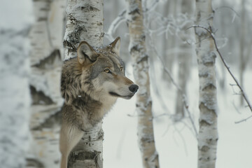 Obraz premium A grey wolf peers from behind birch trees in a snowy forest, its intense gaze focused in the distance, blending seamlessly with the winter whites and greys