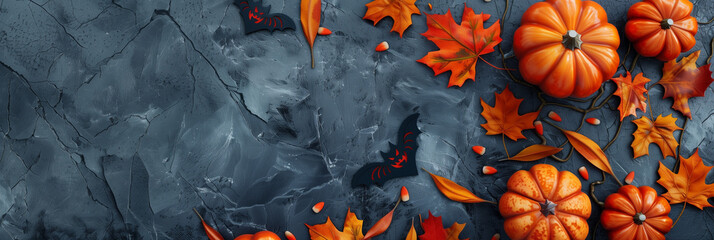 autumnal Halloween background with pumpkins and bats, autumn leaves