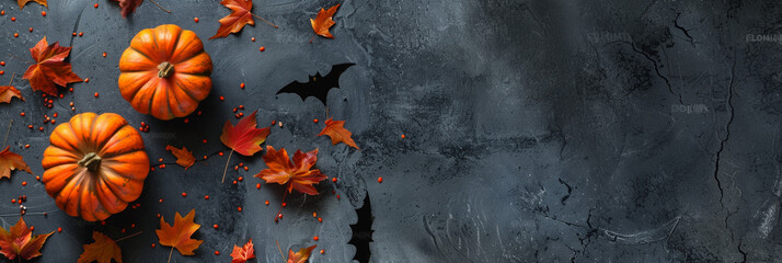 autumnal Halloween background with pumpkins and bats, autumn leaves