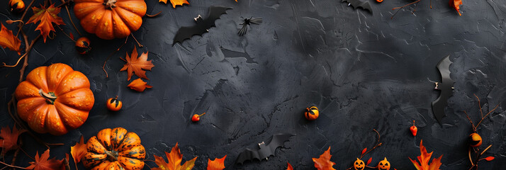 autumnal Halloween background with pumpkins and bats, autumn leaves