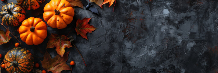 autumnal Halloween background with pumpkins and bats, autumn leaves 
