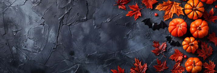 autumnal Halloween background with pumpkins and bats, autumn leaves