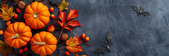 autumnal Halloween background with pumpkins and bats, autumn leaves 