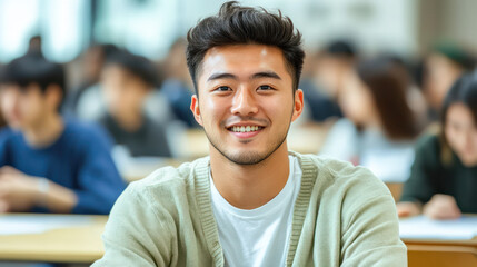 Fototapeta premium Portrait of a smiling Asian male student sitting in a university classroom. Generative AI