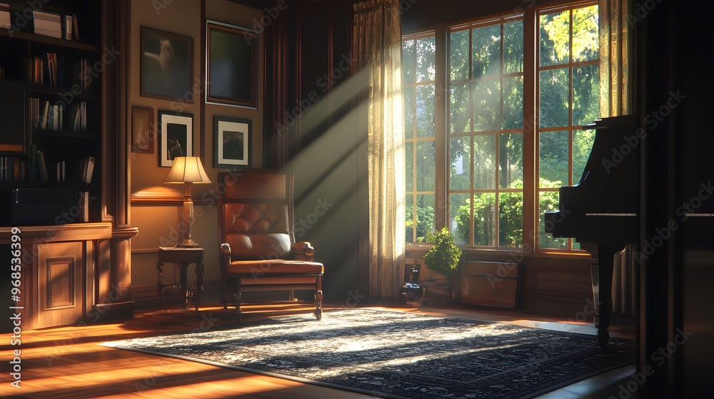 Wall mural Sunlight Streaming Through a Window in a Cozy Library