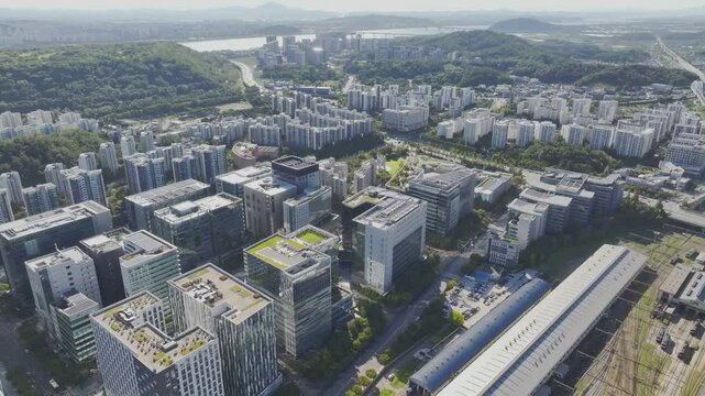 Drone View of Seoul city in South Korea, Sangam, broadcasting station, summer, 60fps
