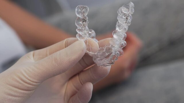 Close up - Dentist holding transparent Invisalign aligner. slow-mo