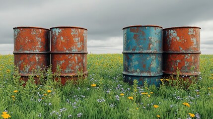 Obraz premium Abandoned oil drums, rusting in a field, overgrown weeds, overcast sky