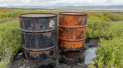 Obraz premium Abandoned oil drums, rusting in a field, overgrown weeds, overcast sky