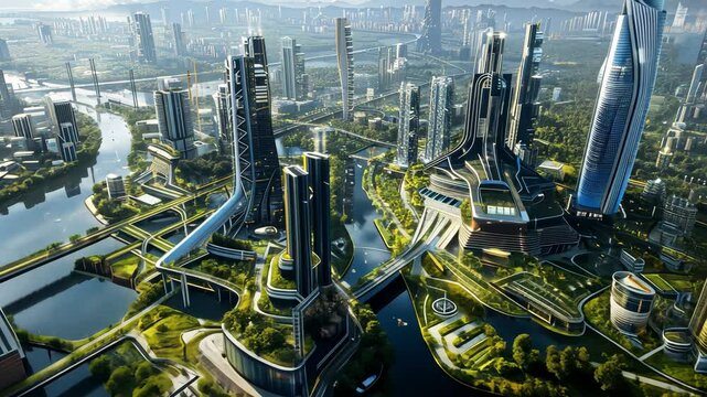 Futuristic city with towering buildings, greenery, and vibrant neon signs, set against a bright blue sky. Sci-fi utopia concept.

