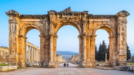 Ancient ruins, columns and arches, tourists exploring, golden hour