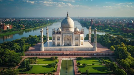 Fototapeta premium 6. Aerial shot of the Taj Mahal in India, nestled within lush gardens and reflecting pools, framed by the Yamuna River and the bustling city beyond