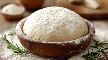 Fototapeta premium Baking bread, dough rising in a bowl, flour dusted on a counter, warm kitchen lighting