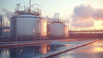 Obraz premium Biogas plant, processing organic waste, tanks and pipes, soft ambient light