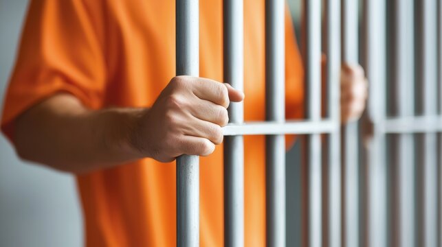 A person in an orange prison uniform holds onto jail bars, symbolizing confinement and the justice system.