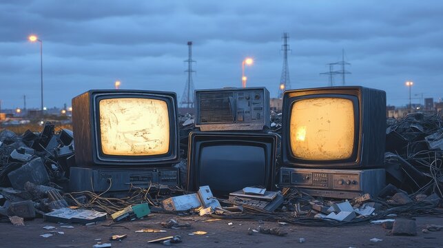 Broken electronics, dumped in a landfill, wires and screens, soft evening light