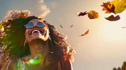 Joyful woman with natural hair and sunglasses laughing as vibrant autumn leaves fall around her, capturing the essence of fall fun.

