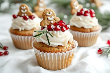 A cupcake with frosting and gingerbread cookies on top, surrounded by other Christmas-themed treats like spiced cinnamon sticks or frosted sugar cookie trees