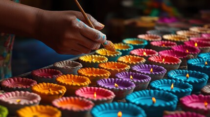 Clay diyas, unlit, being painted in bright colors, artistâ€™s hand at work, afternoon light