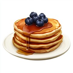 Fluffy pancake topped with syrup and blueberry isolated on white background.