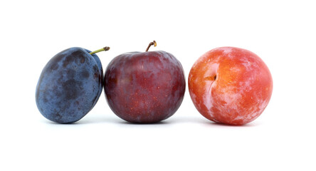 Close-up of three fresh plums in a row showcasing vibrant colors of blue, red, and orange