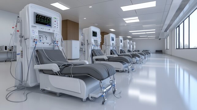 Dialysis machine room, patients in chairs, IV lines connected, bright clinical light
