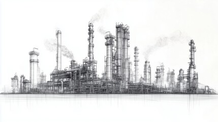 Obraz premium Line drawing depicting an industrial landscape featuring an oil refinery plant, representing the oil industry, with the sky depicted in a separate layer