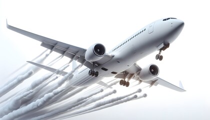 White commercial airplane in dynamic ascent isolated on white, travel concept. 3D Rendering