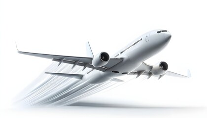 White commercial airplane in dynamic ascent isolated on white, travel concept. 3D Rendering