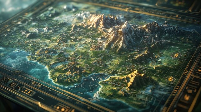 12. A close-up of a detailed in-game map spread across a large monitor, showing mountain ranges, rivers, and enemy territories, with a strategy game HUD displayed around the edges.