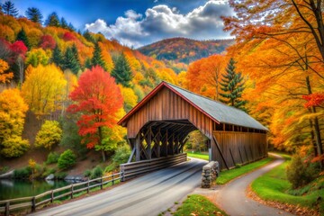 Wooden covered bridge in vibrant autumn forest with red leaves