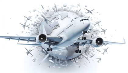 White commercial airplane in dynamic ascent isolated on white, travel concept. 3D Rendering