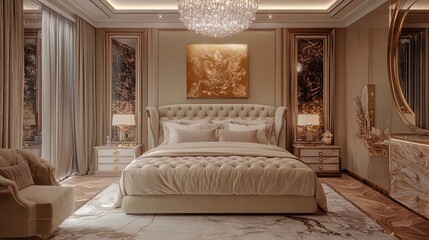 Transform Your Space: Luxurious Bedroom Decor featuring Plush Tufted Bed, Elegant Marble Walls, and Vintage Chandelier - Perfect for Chic Home Posters and Interior Inspiration