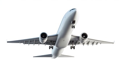 Fototapeta premium White commercial airplane in dynamic ascent isolated on white, travel concept. 3D Rendering